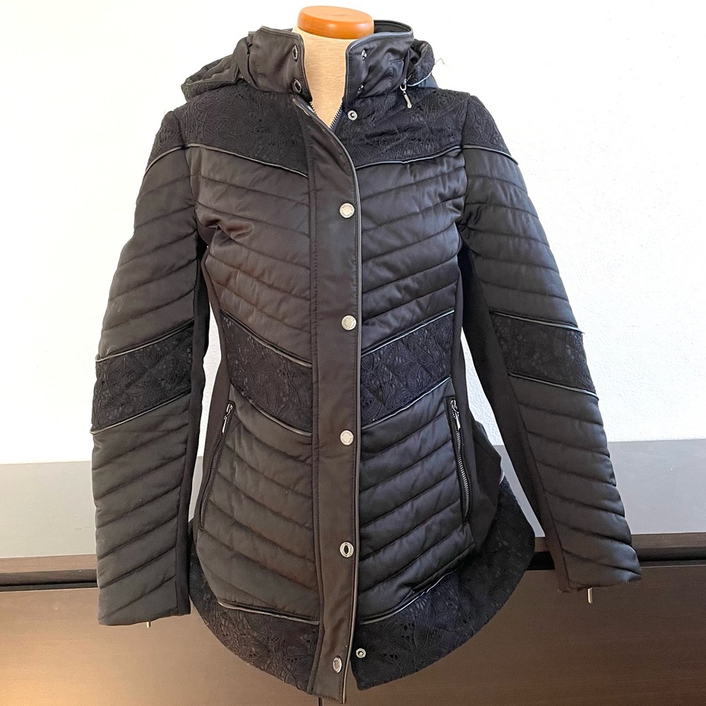 WHBM Quilted Black Insulated Winter Coat with Lace Detail, Down-Filled